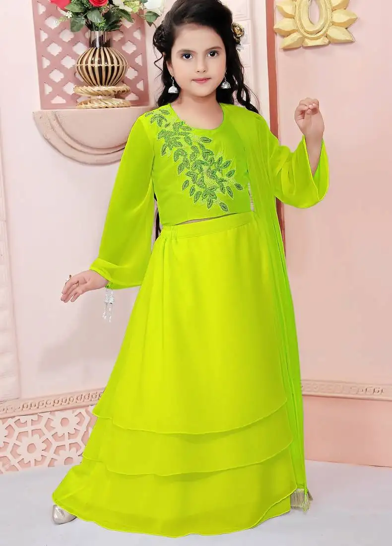 Lime green embroidered cotton silk a line lehenga choli dupatta