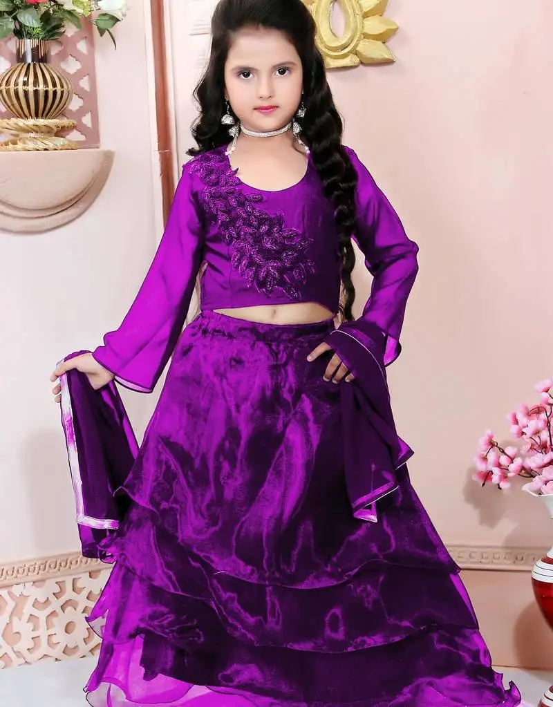 Purple embroidered cotton silk a line lehenga choli dupatta