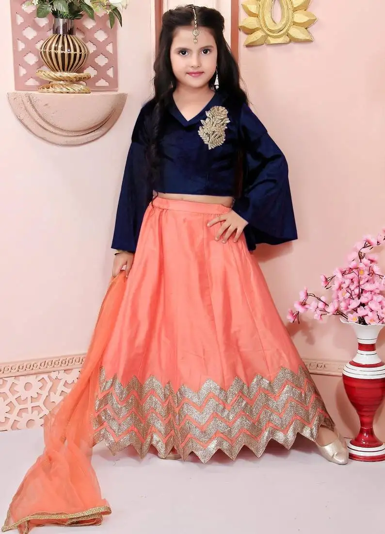 Navy blue embroidered velvet a line lehenga choli dupatta