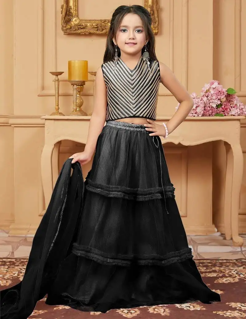 Black embroidered art silk a line lehenga choli dupatta