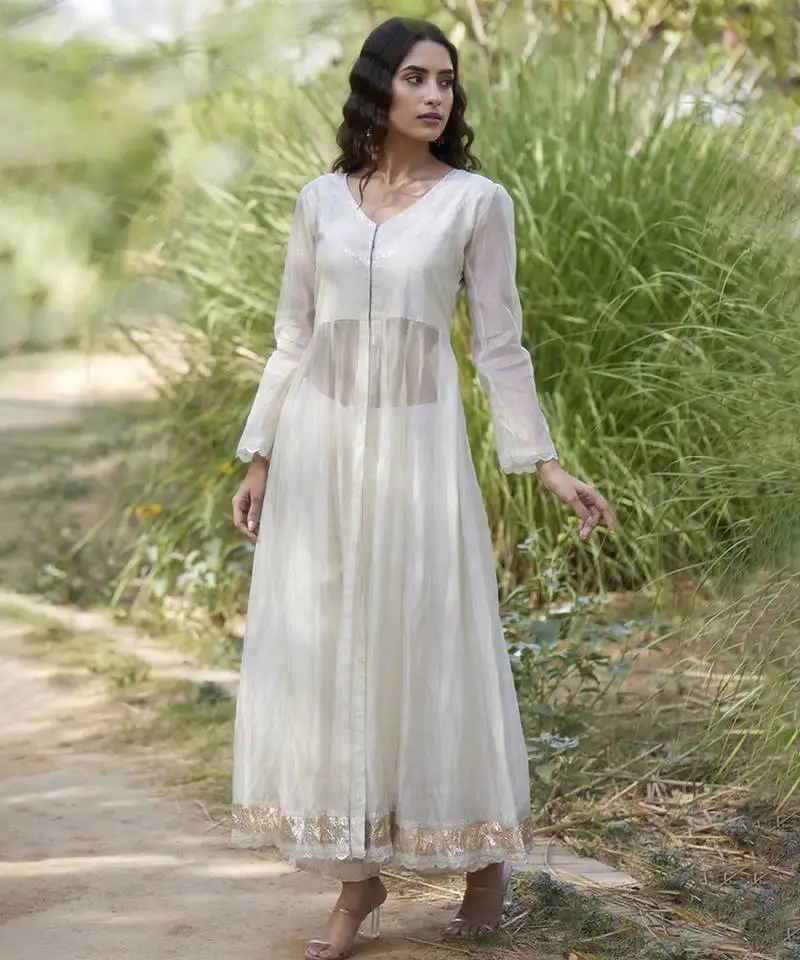 White tissue plain anarkali set