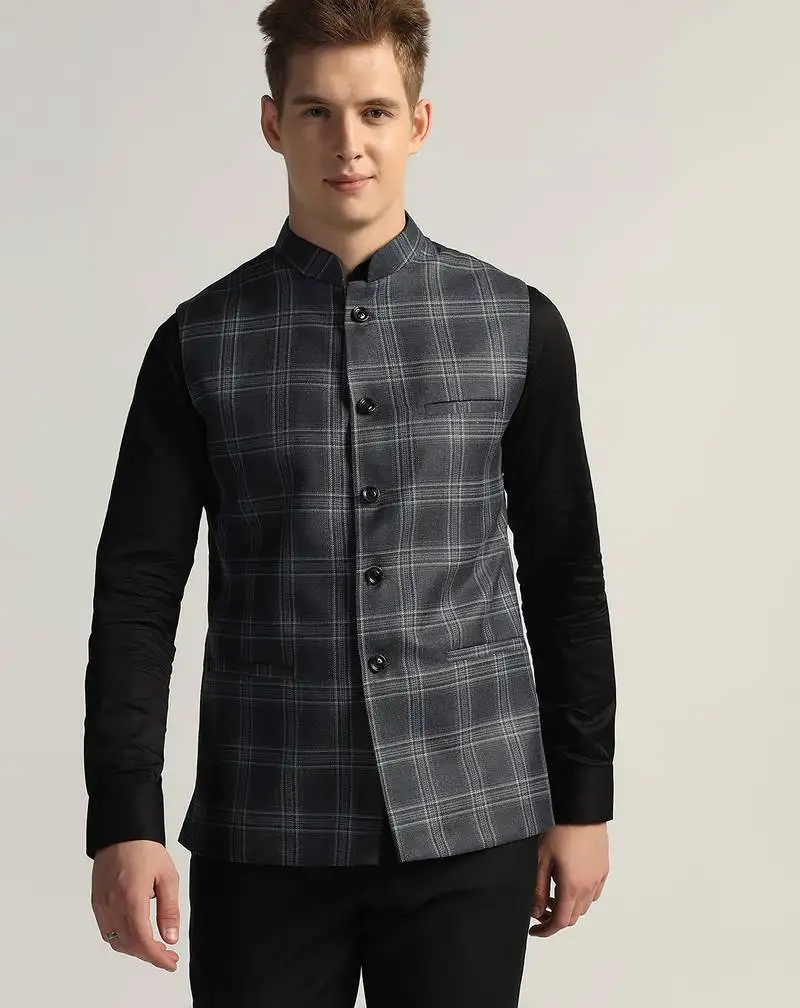 Blue tweed nehru jacket for men