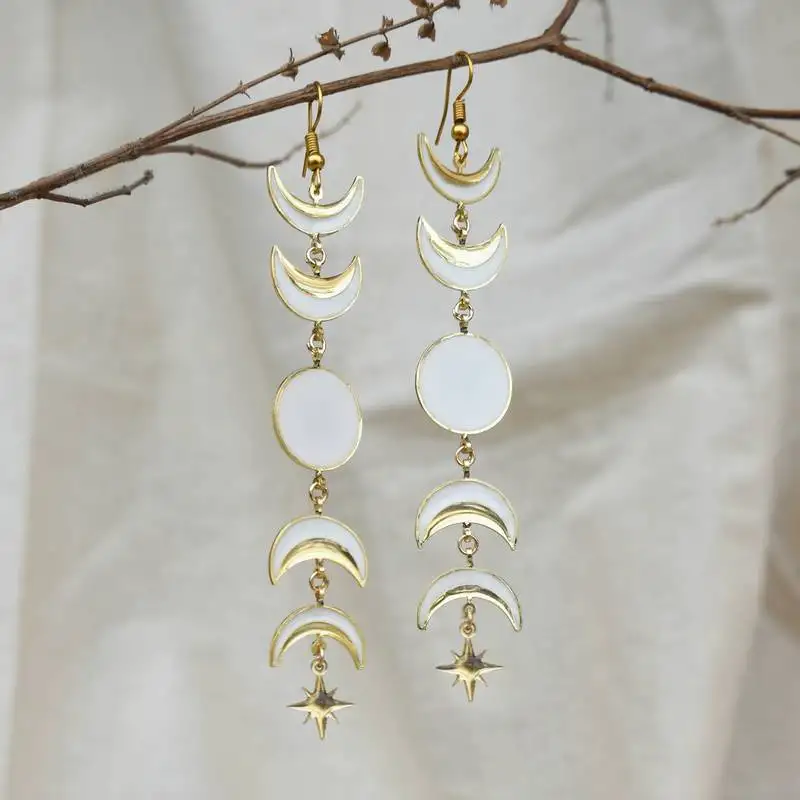 Phases of moon white & golden resin earrings