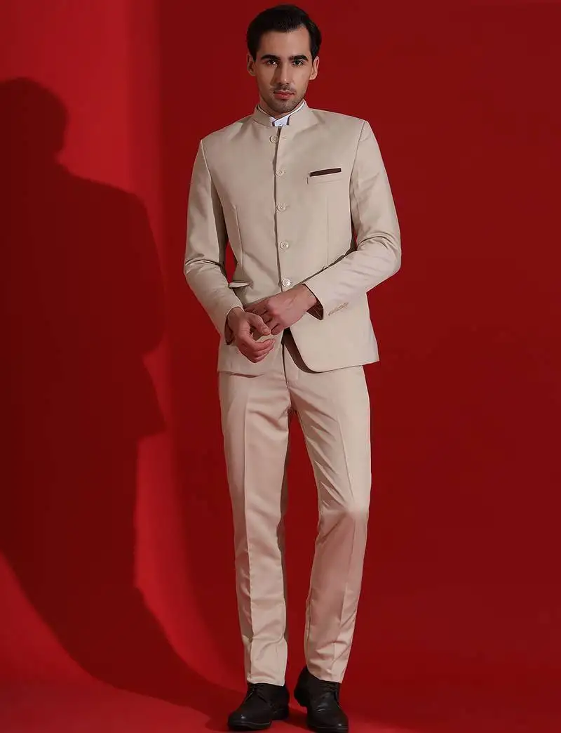 Beige men bandgala blazer and trouser suit set