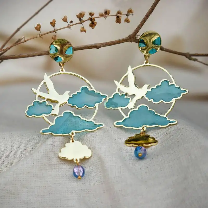 Bird & sky blue resin earrings