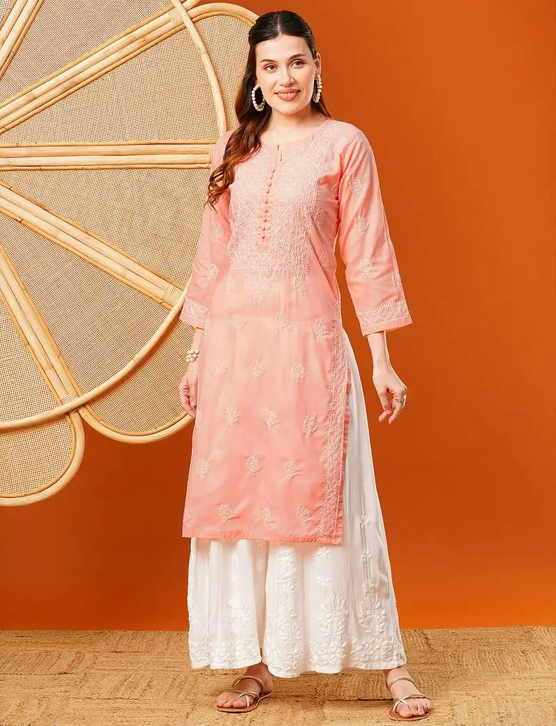 Hand embroidered peach cotton lucknowi chikankari straight kurta