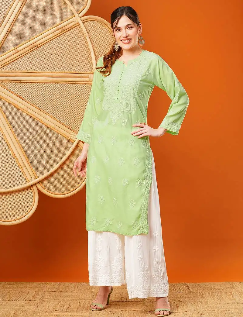 Hand embroidered green cotton lucknowi chikankari straight kurta
