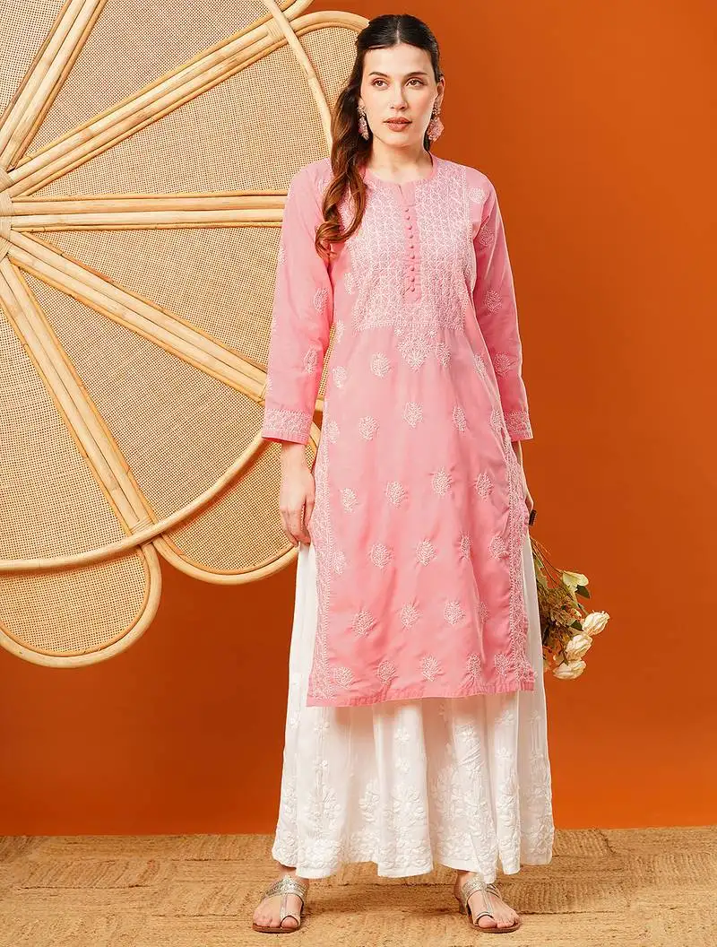 Hand embroidered salmon peach cotton lucknowi chikankari straight kurta