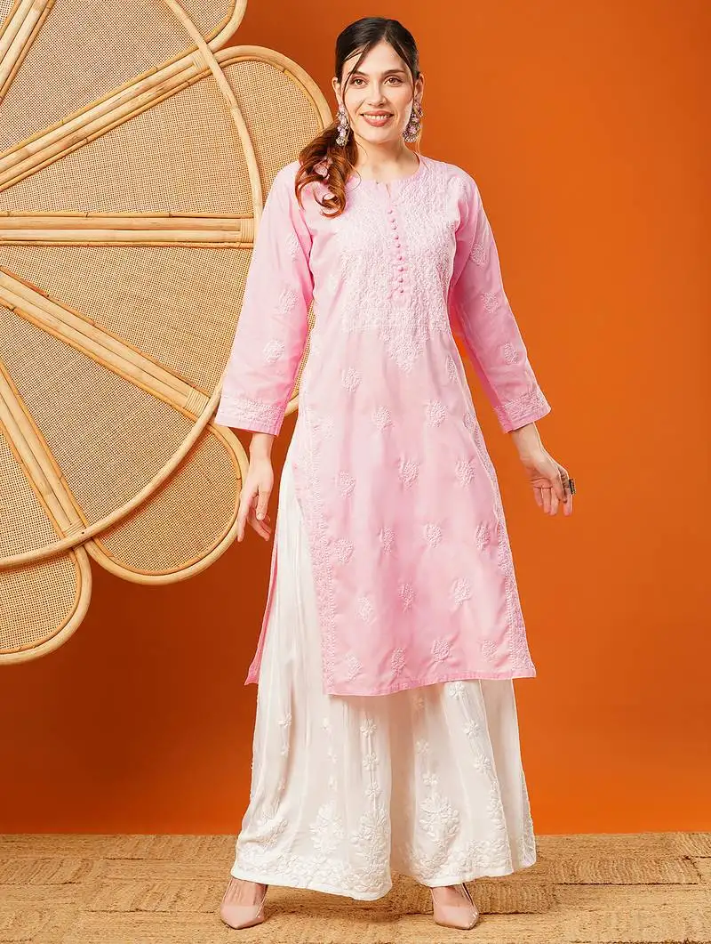 Hand embroidered pink cotton lucknowi chikankari straight kurta