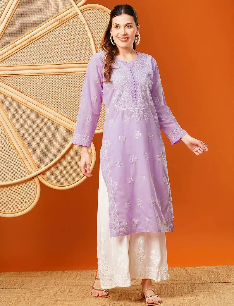 Hand embroidered lavender cotton lucknowi chikankari straight kurta