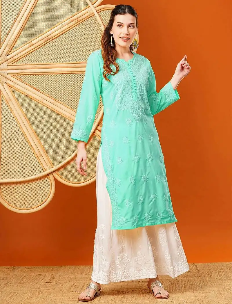 Hand embroidered sea green cotton lucknowi chikankari straight kurta