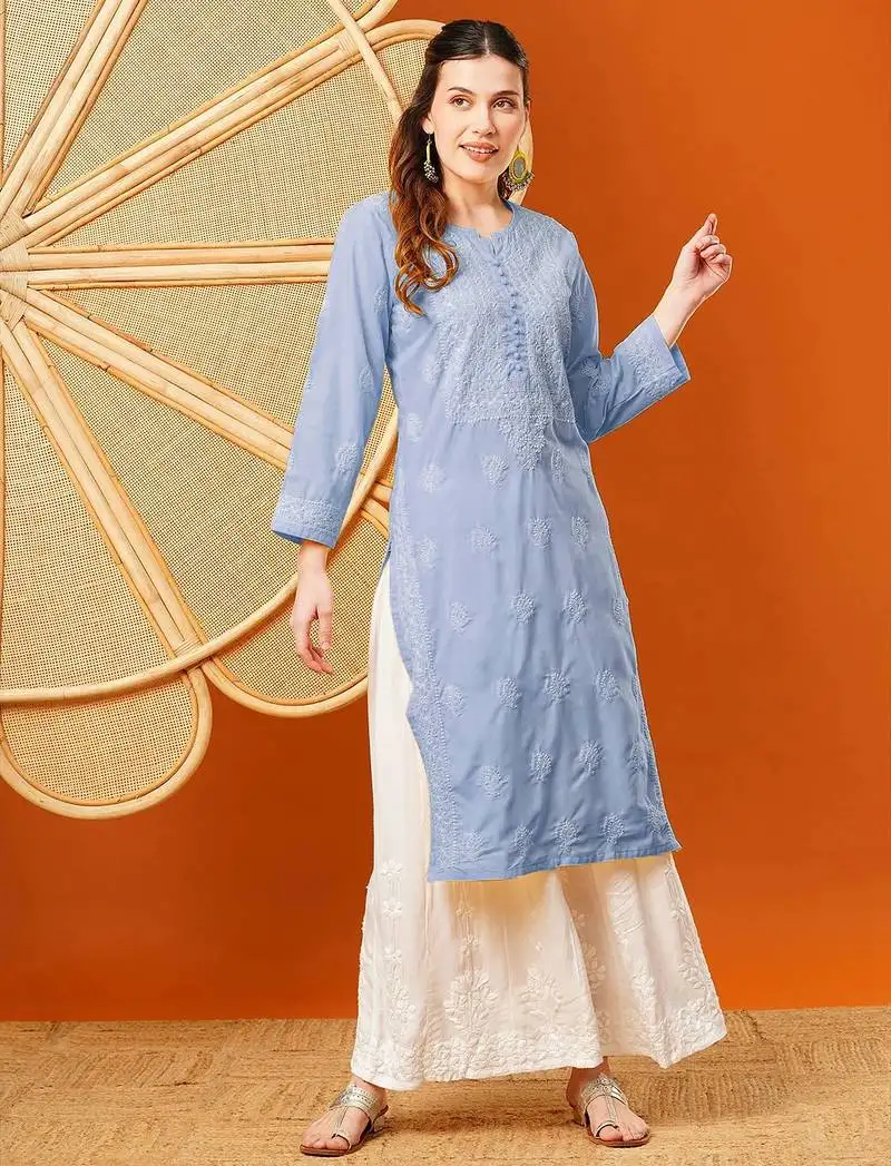 Hand embroidered mauve cotton lucknowi chikankari straight kurta