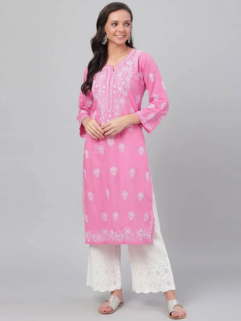 Hand embroidered onion pink cotton lucknowi chikankari straight kurta