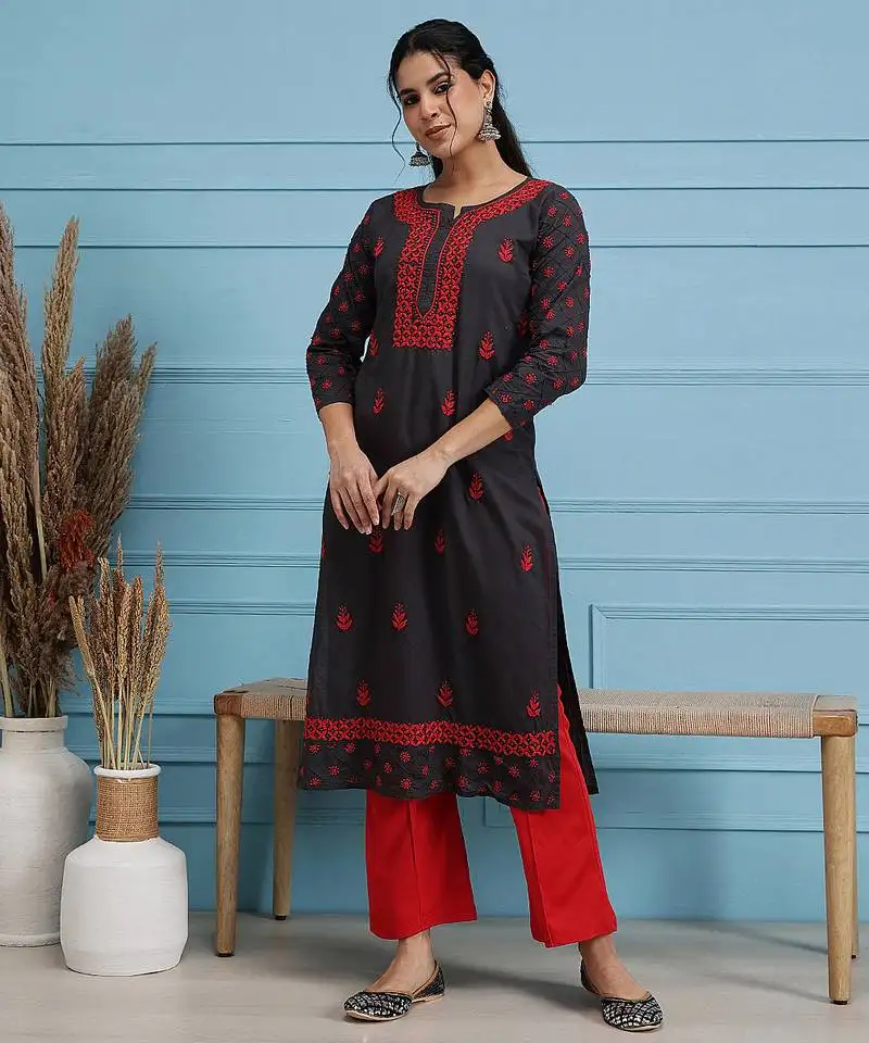 Hand embroidered grey cotton lucknowi chikankari straight kurta