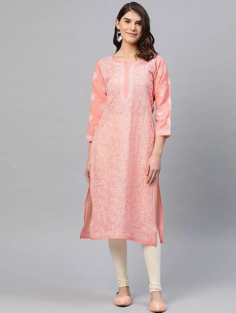 Hand embroidered peach cotton lucknow chikankari straight kurta