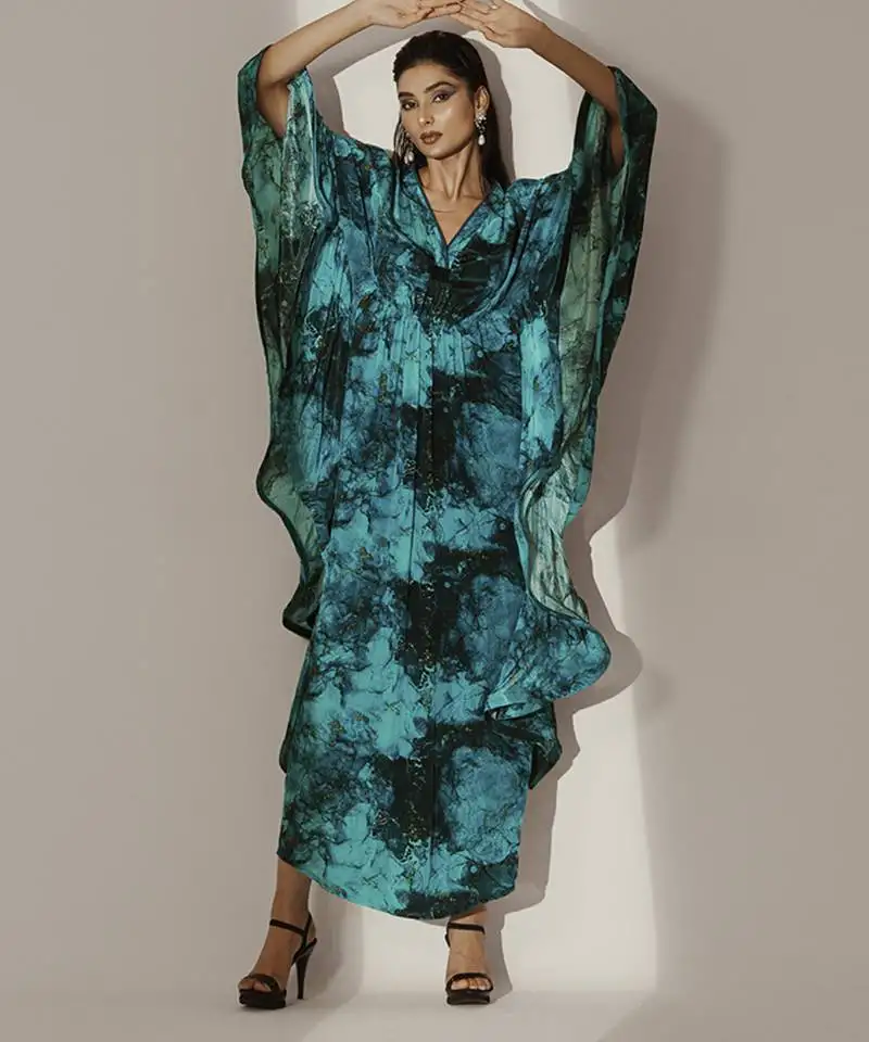 Blue crepe printed kaftan