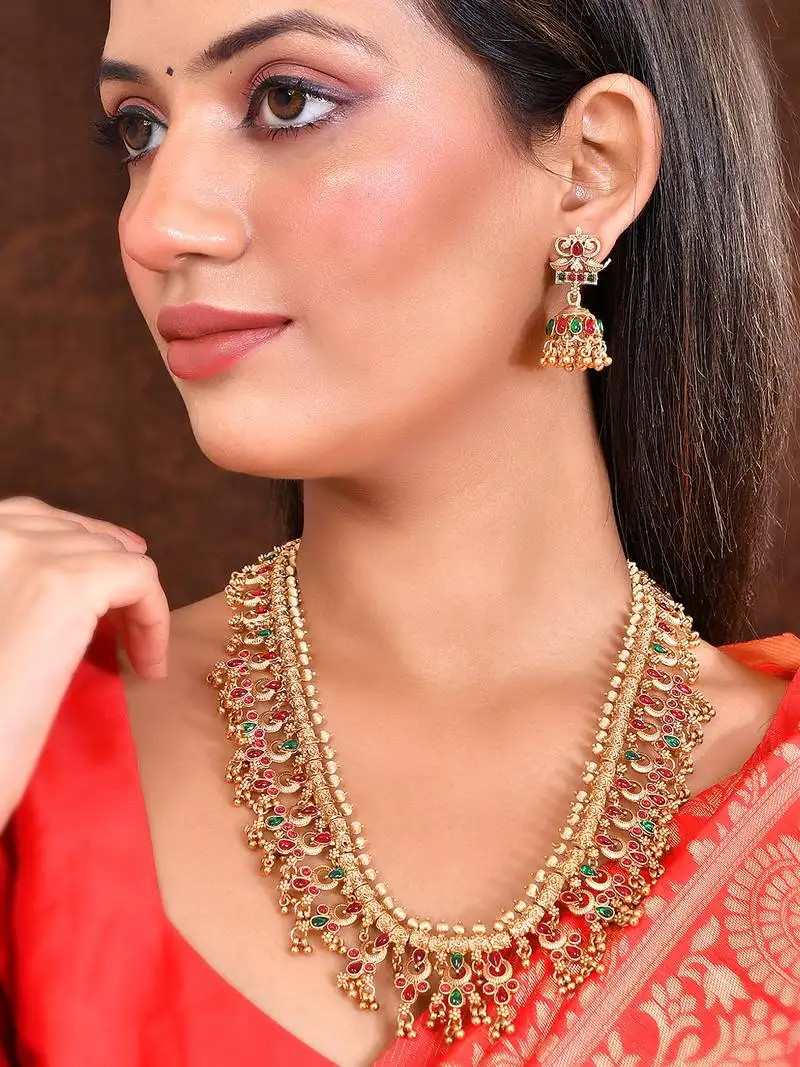 Classical temple gold plated beads studded long necklace set with jhumke earring