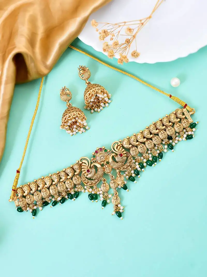 Fancy pearl choker traditional temple necklace jewellery set for women