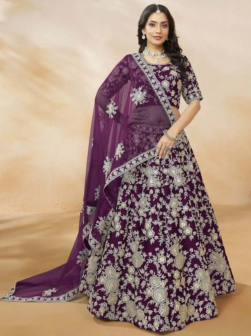 Purple sequins work silk reception wear lehenga choli