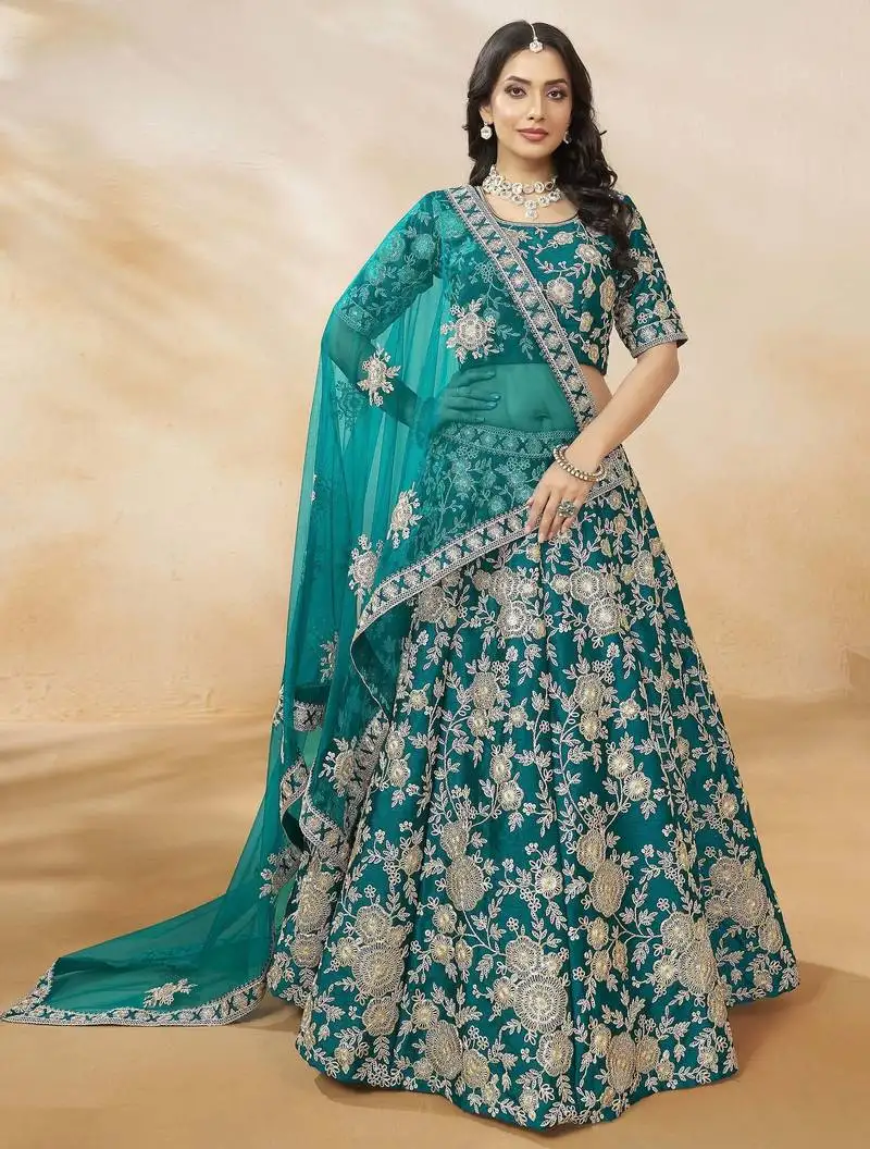 Teal green sequins silk bridesmaid lehenga choli with dupatta