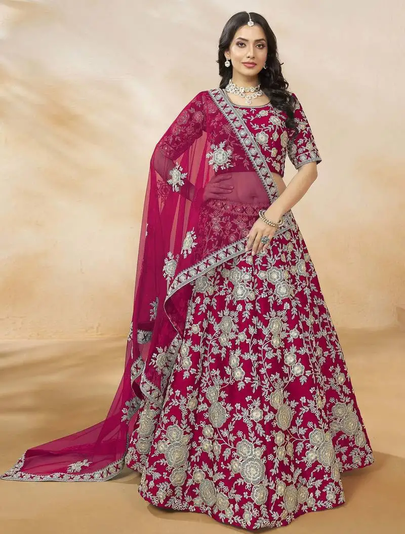 Hot pink dori embroidery silk engagement wear lehenga choli