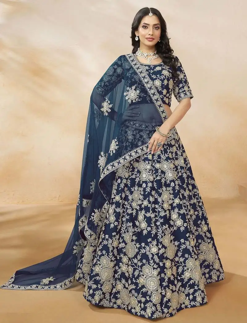 Navy blue dori embroidered silk lehenga choli with dupatta