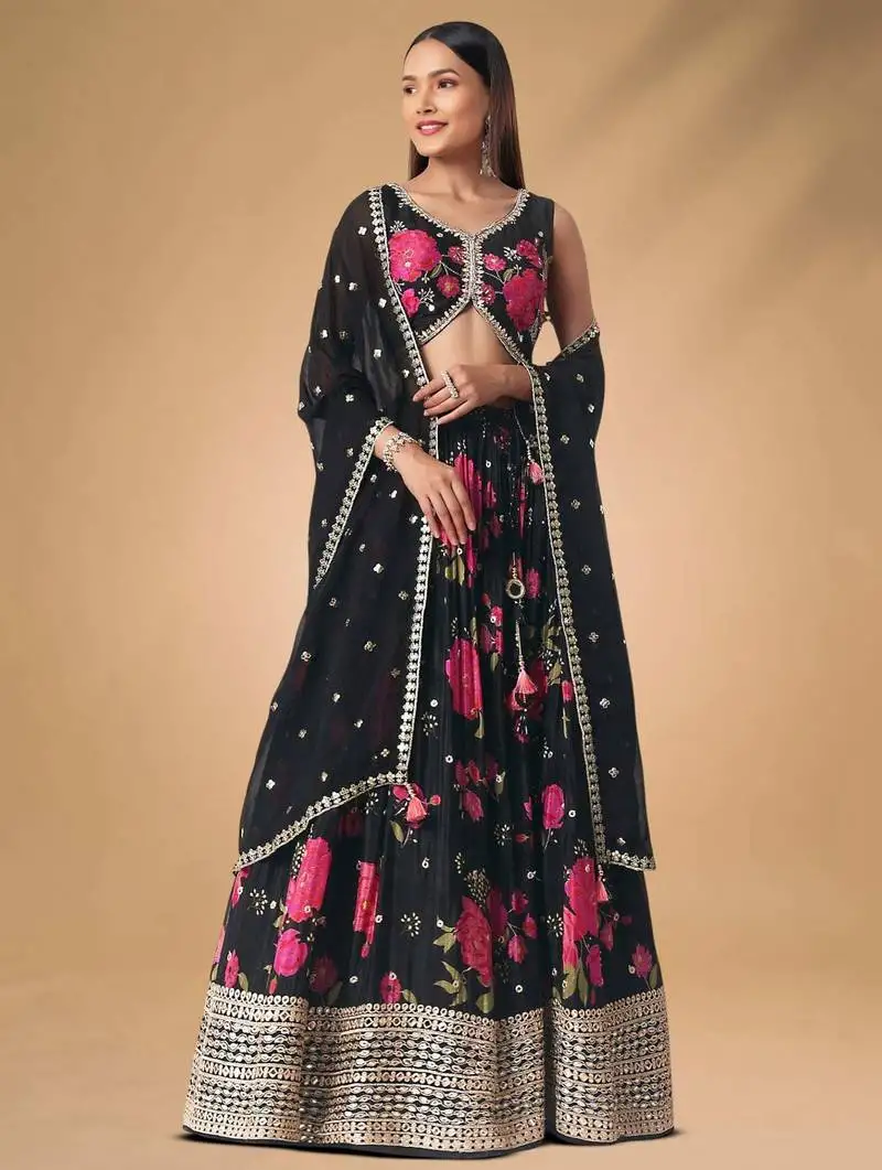 Black floral printed chinon party wear lehenga with blouse