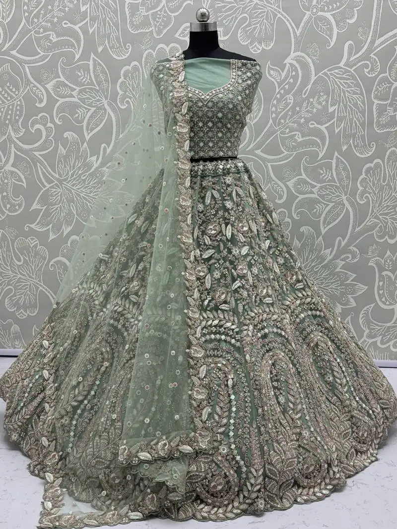 Pista green sequins net reception wear lehenga choli with dupatta