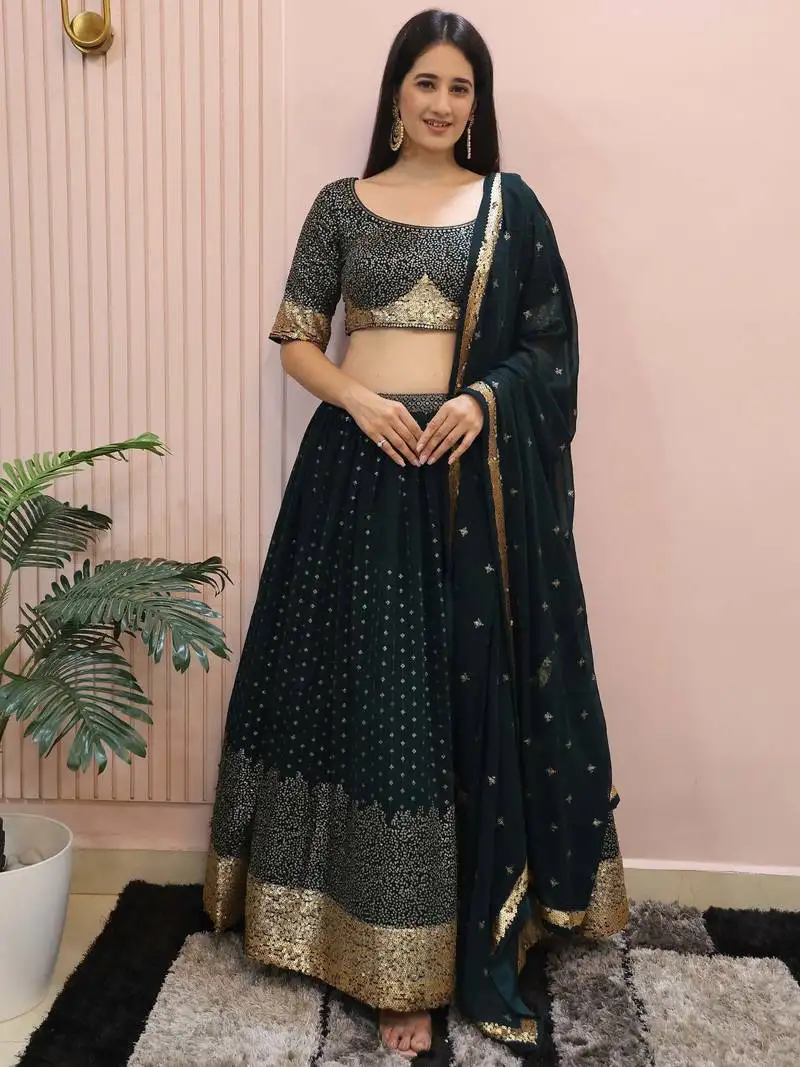 Dark green sequins georgette party wear lehenga choli with dupatta