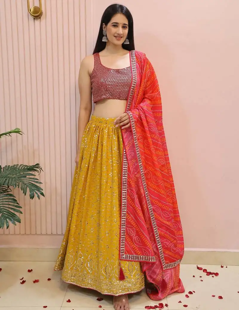 Yellow zari work georgette haldi wear lehenga with blouse