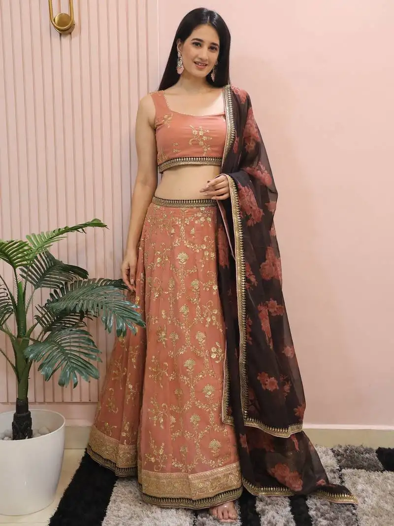 Peach sequins georgette bridesmaid lehenga choli with dupatta