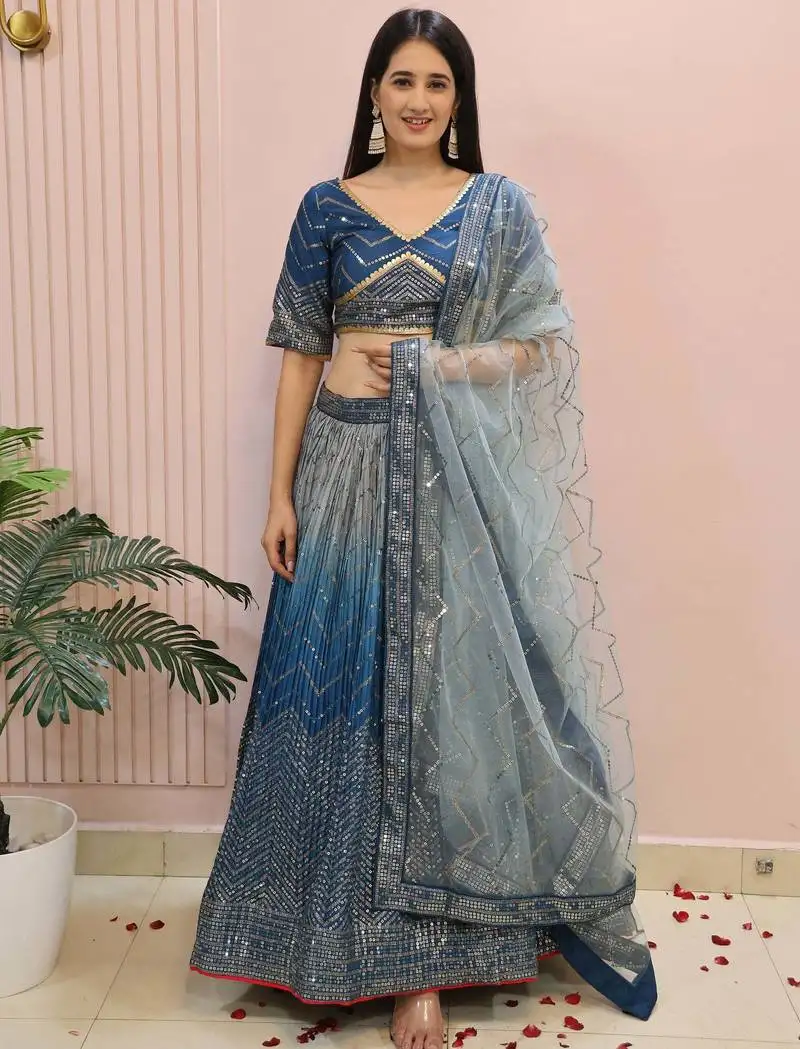Blue sequins chinon party wear lehenga choli with dupatta