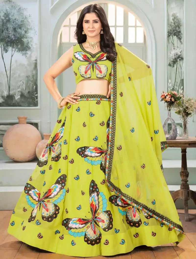 Parrot green embroidered georgette festive wear lehenga choli