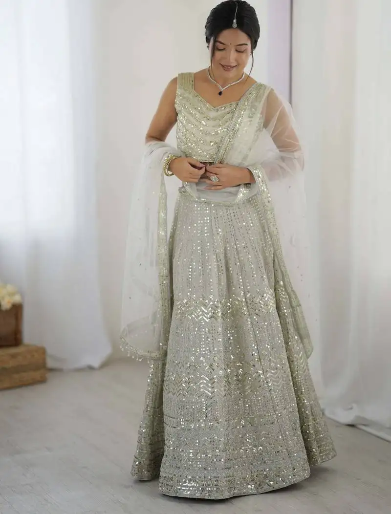 Grey dori work georgette wedding wear lehenga with blouse