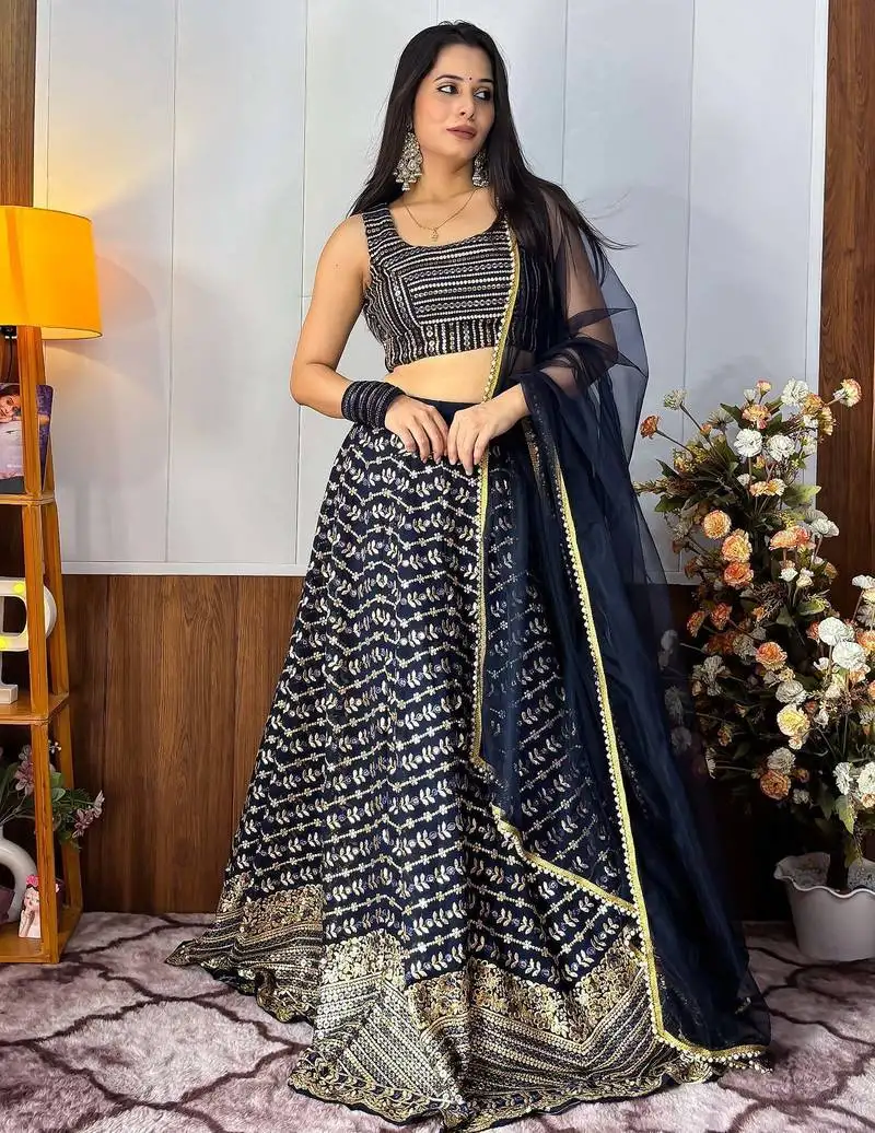 Blue zari embroidered georgette lehenga choli with dupatta