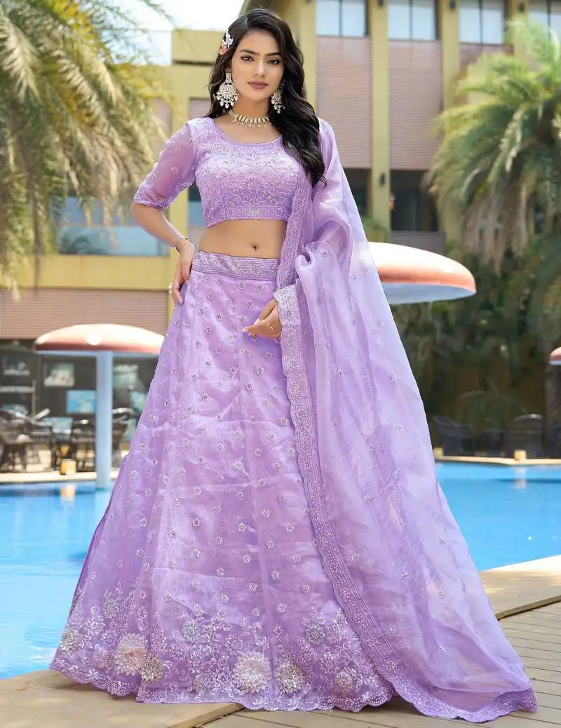 Lavender thread work organza bridesmaid lehenga choli