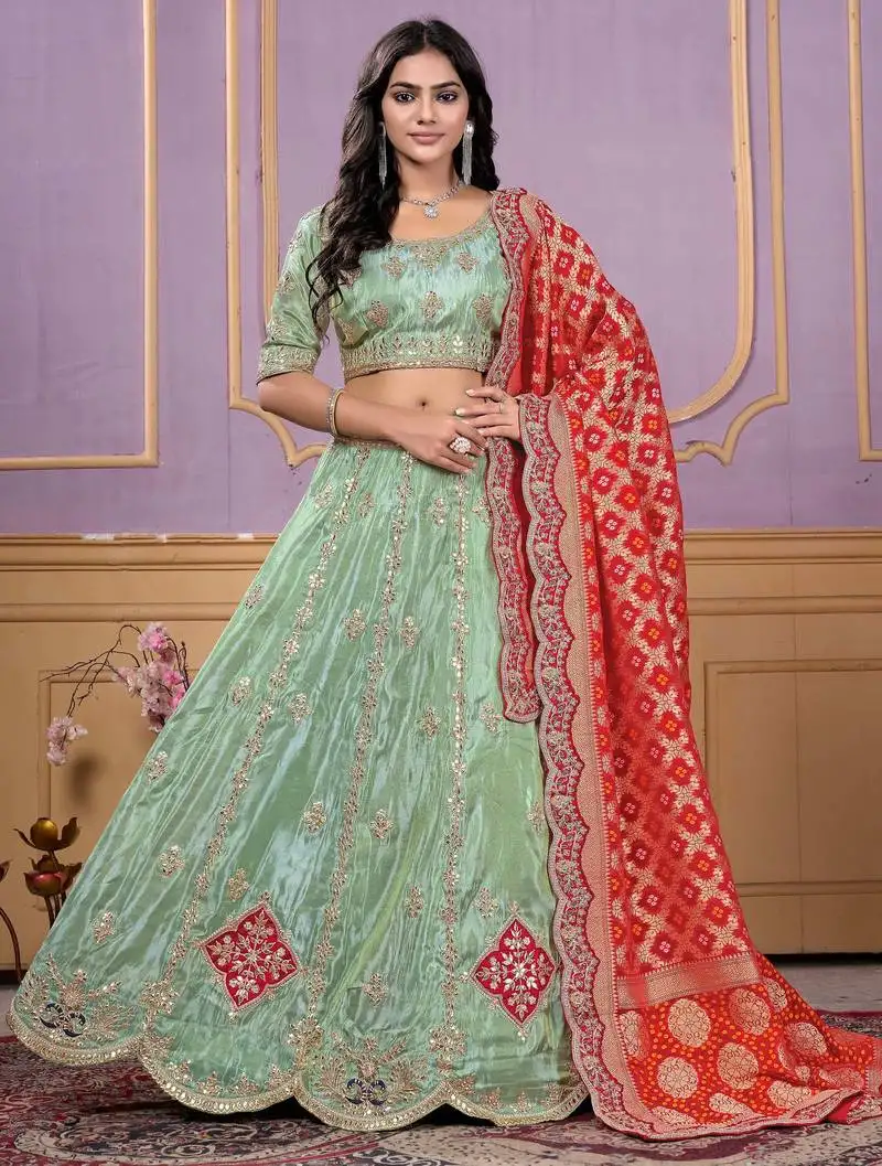 Pista green embroidered viscose wedding lehenga choli