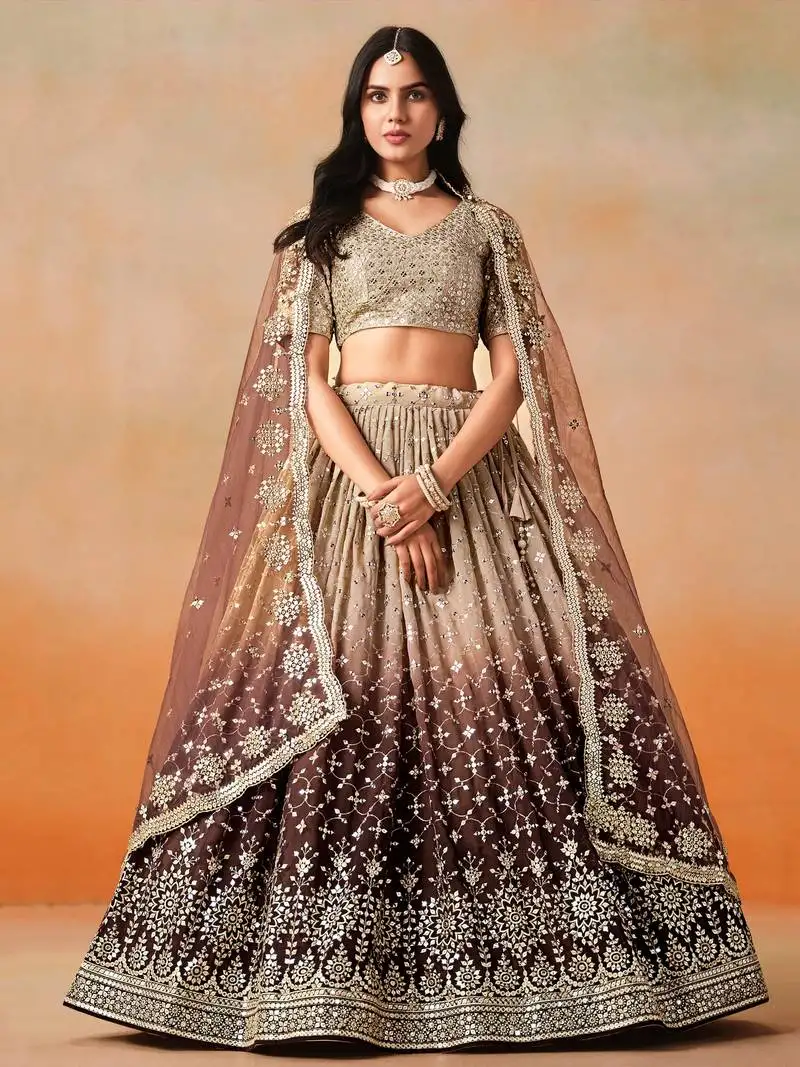 Brown georgette sequins lehenga choli with dupatta