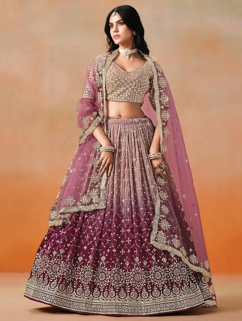 Maroon embroidered georgette bridesmaids lehenga choli