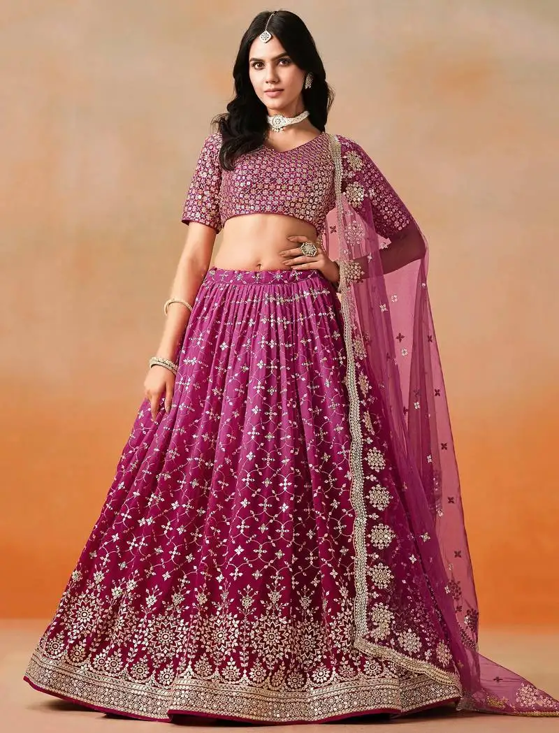 Pink zari embroidered lehenga choli with dupatta