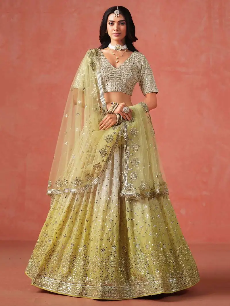 Yellow zari embroidery designer lehenga choli