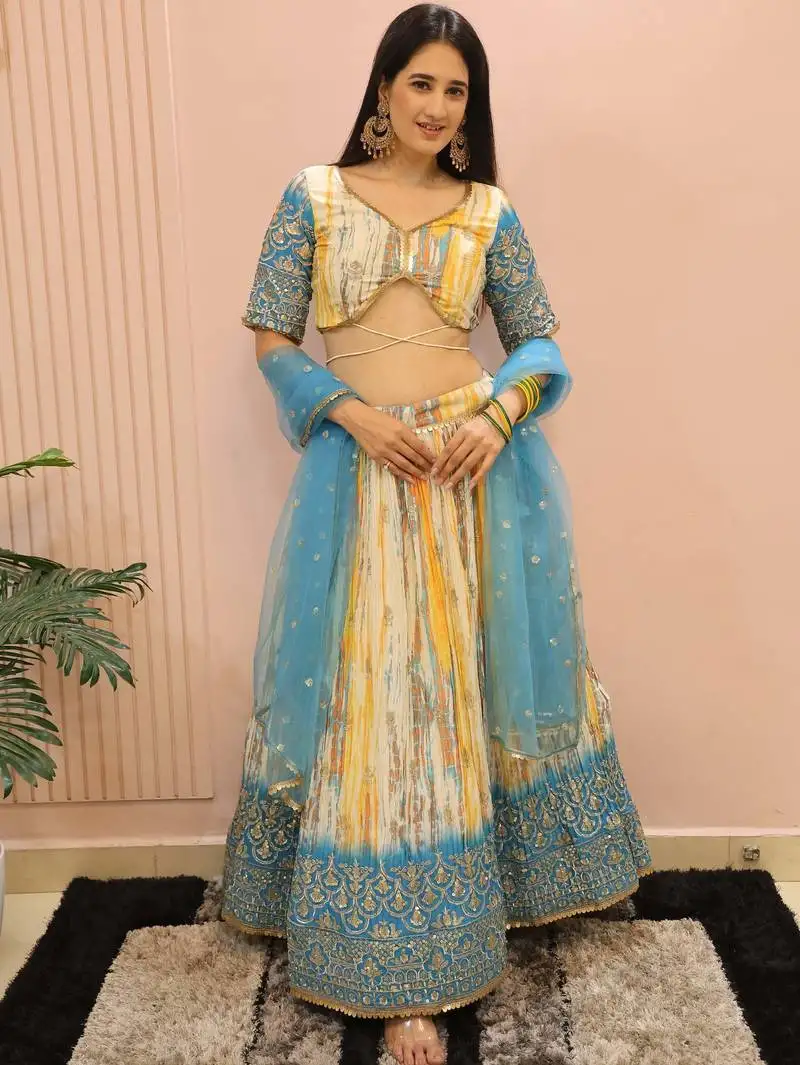 White & blue sequins chinon festive wear lehenga choli