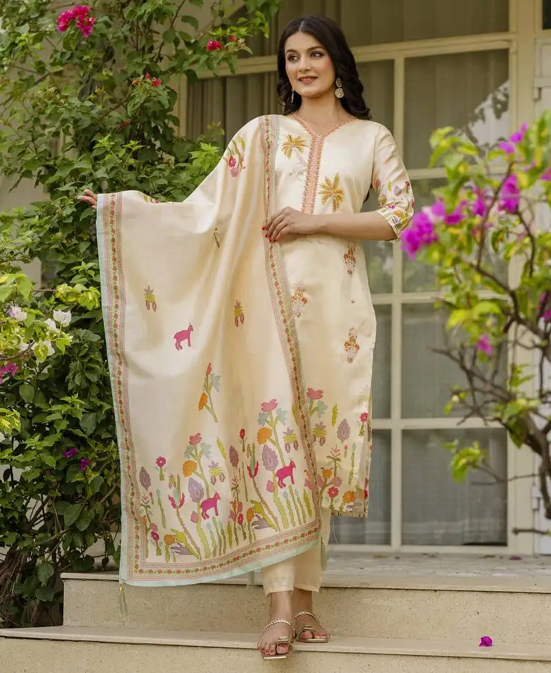 cream embroidered stitched viscose pant style kurti suit with duppatta
