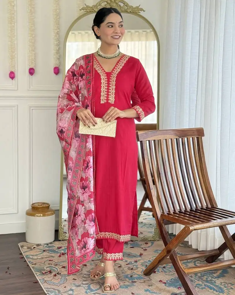 Red embroidered stitched viscose pant style kurti suit with duppatta