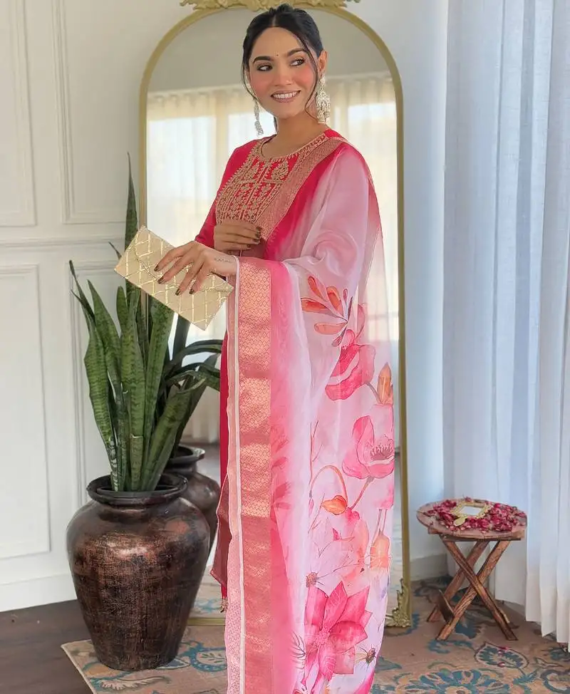 Pink embroidered stitched viscose pant style kurti suit with duppatta