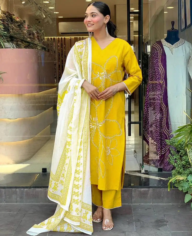 Yellow embroidered stitched viscose pant style kurti suit with duppatta