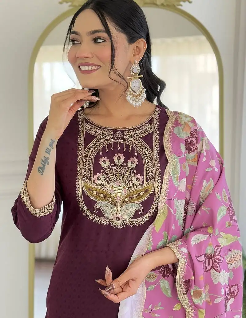 Wine embroidered stitched viscose pant style kurti suit with duppatta