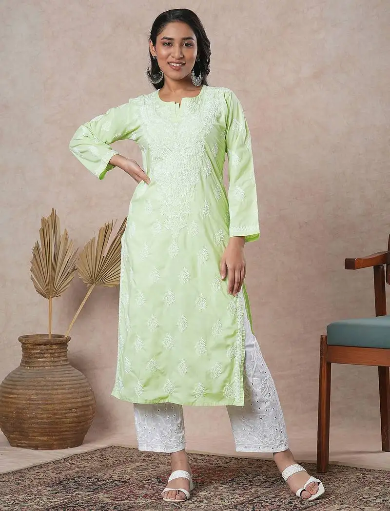 Hand embroidered lime green cotton lucknowi chikankari straight kurta