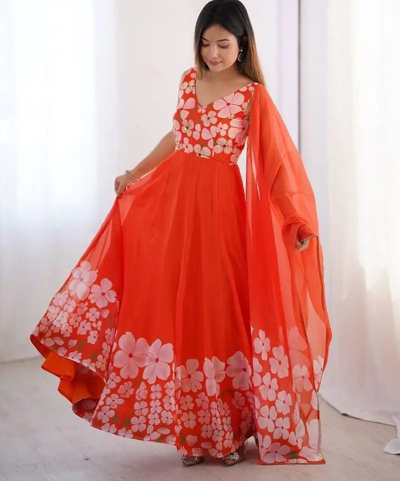 Orange floral organza gown with handwork and matching dupatta