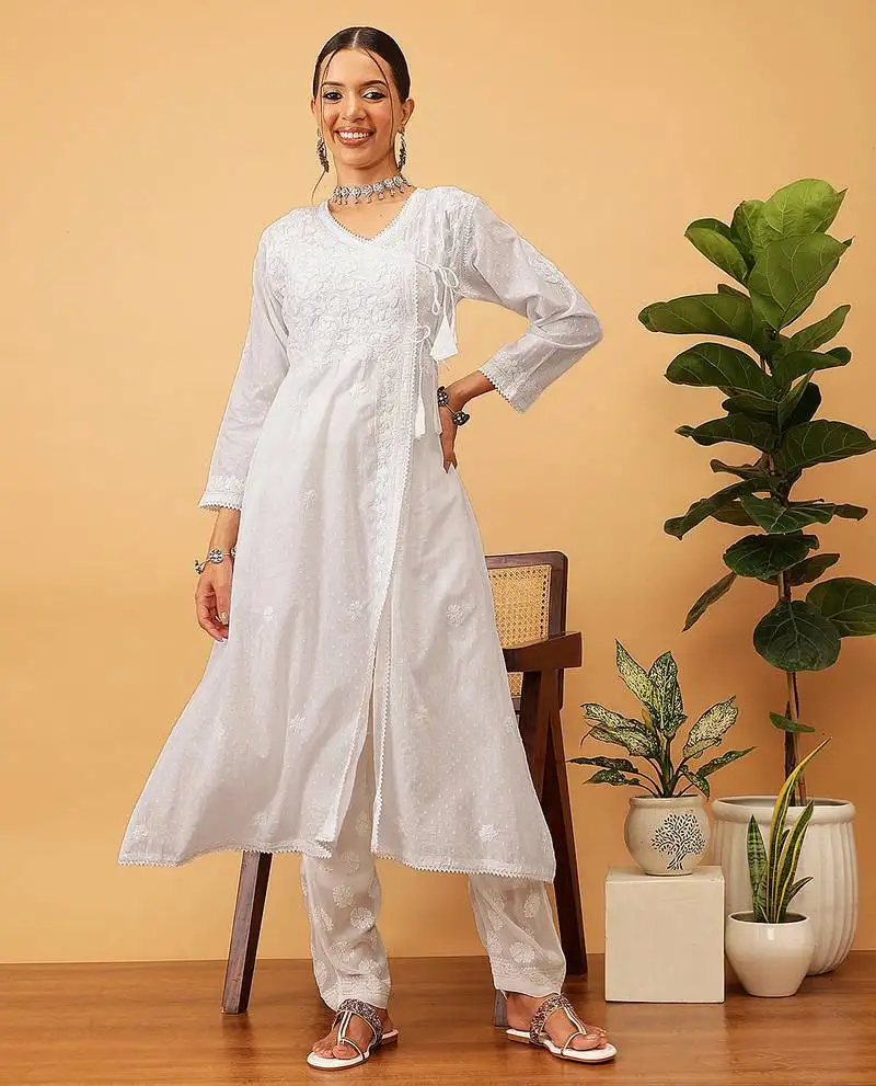 Hand embroidered white cotton lucknow chikankari angrakha kurta